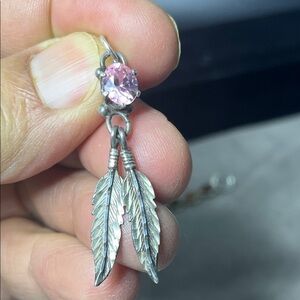 Vtg. Native Sterling Silver and Pink crystal Gem Feather Earrings